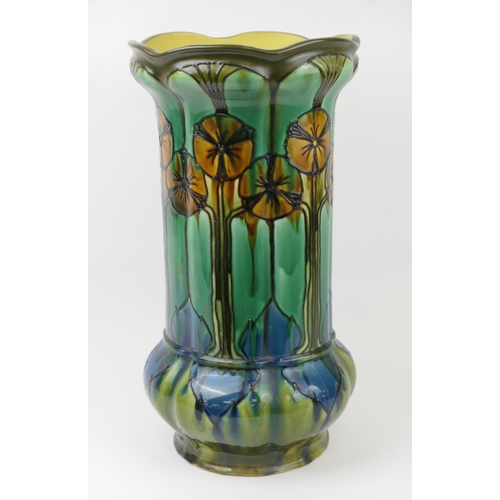 374 - Minton Secessionist stick stand, decorated with stylised flowers in greens, ochres and blues, printe... 