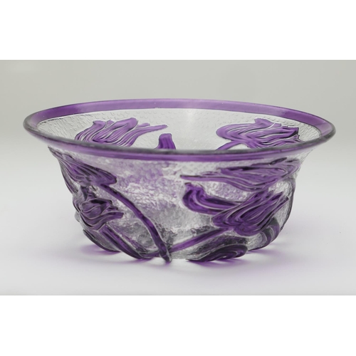 375 - Thomas Webb cameo glass bowl, flared form worked with amethyst tulips in Art Nouveau style against a... 