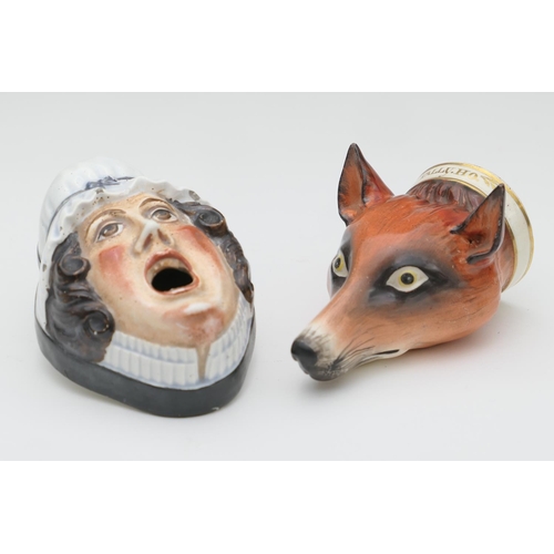 376 - Staffordshire fox mask stirrup cup, naturalistically painted details, inscribed 'Tally Ho' in gilt a... 