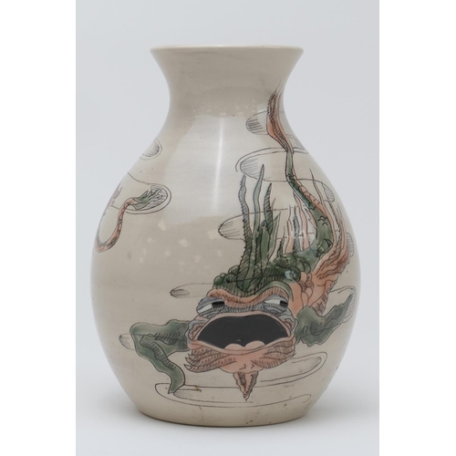 381 - Cobridge Stoneware vase, en homage to the Martin Brothers, incised with grotesque fish, painted init... 