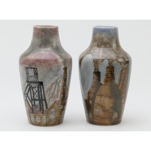 382 - Two Cobridge Stoneware vases inspired by The Potteries, decorated with bottleneck kilns and Sneyd Co... 