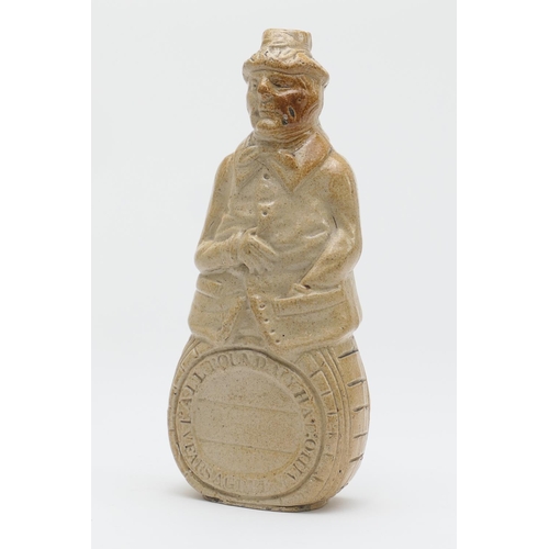 389 - Brown saltglazed stoneware flask, modelled as an innkeeper seated on a barrel, and inscribed 'All ro... 