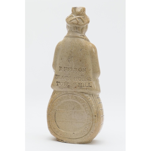 389 - Brown saltglazed stoneware flask, modelled as an innkeeper seated on a barrel, and inscribed 'All ro... 