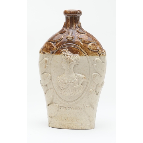 393 - Royal commemorative brown stoneware flask, Derbyshire, circa 1840, relief moulded with a cameo portr... 