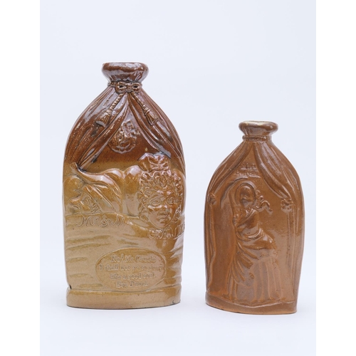 394 - Doulton and Watts Lambeth Pottery brown saltglazed Mr and Mrs Caudle reform flask, 18.5cm; also anot... 