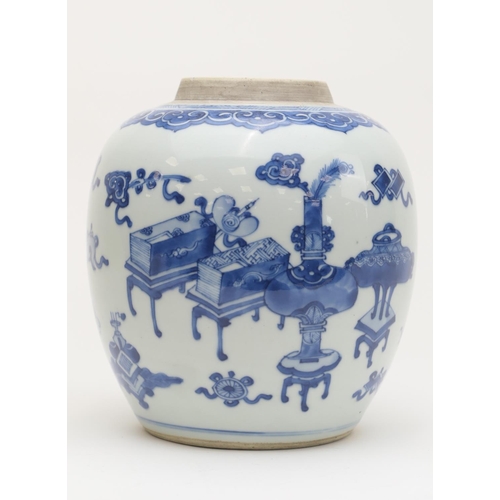 396 - Chinese blue and white ginger jar, Kangxi (1662-1722), decorated with precious objects and a bird si... 