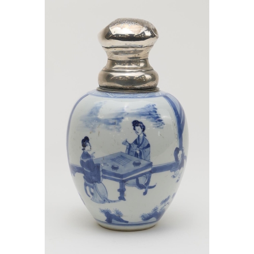 399 - Chinese blue and white caddy vase, Kangxi (1662-1722), ovoid form with later Dutch silver mounts, de... 