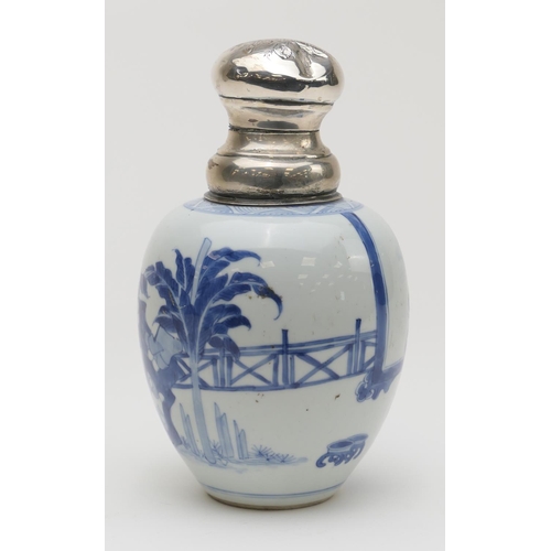 399 - Chinese blue and white caddy vase, Kangxi (1662-1722), ovoid form with later Dutch silver mounts, de... 