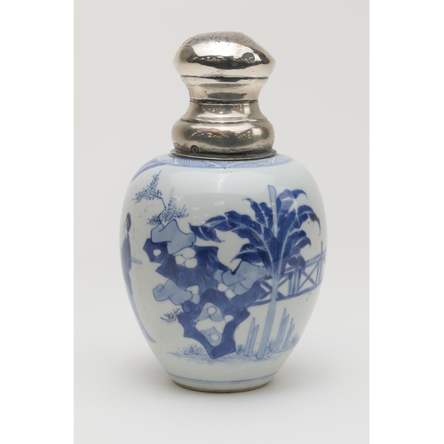 399 - Chinese blue and white caddy vase, Kangxi (1662-1722), ovoid form with later Dutch silver mounts, de... 