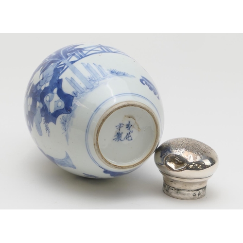 399 - Chinese blue and white caddy vase, Kangxi (1662-1722), ovoid form with later Dutch silver mounts, de... 