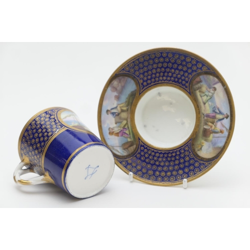 407 - Sevres trembleuse cup and saucer, decorated with panels of figures at a quayside in colours against ... 