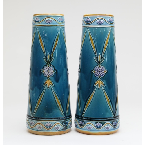 428 - Pair of Minton Secessionist tapered vases, circa 1900, both having a floral open trellis design agai... 