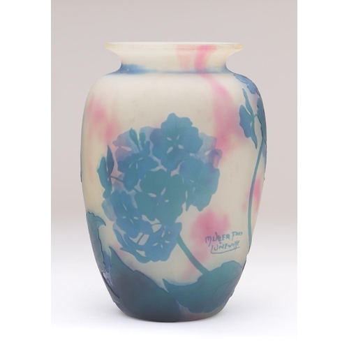 433 - Muller Freres cameo glass vase, shouldered ovoid form decorated with hydrangea in blue and green aga... 