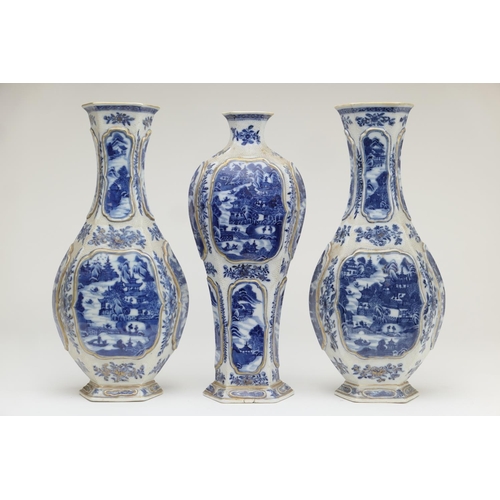 438 - Garniture of Chinese blue and white vases, Qianlong (1736-95), decorated throughout with views of th... 