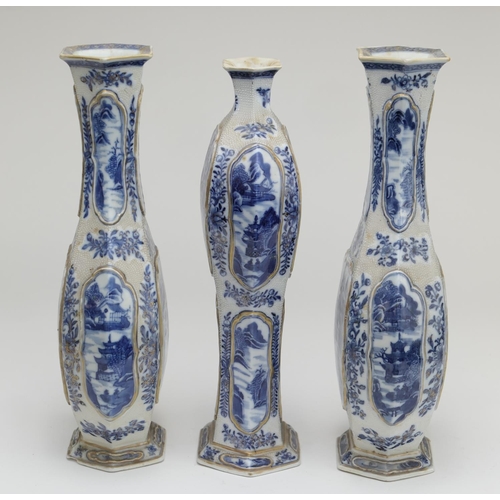 438 - Garniture of Chinese blue and white vases, Qianlong (1736-95), decorated throughout with views of th... 