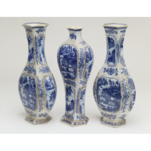 438 - Garniture of Chinese blue and white vases, Qianlong (1736-95), decorated throughout with views of th... 