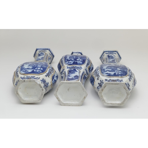 438 - Garniture of Chinese blue and white vases, Qianlong (1736-95), decorated throughout with views of th... 