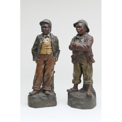 440 - Pair of Austrian painted terracotta figures of African -American boys, by Johann Maresch, circa 1900... 