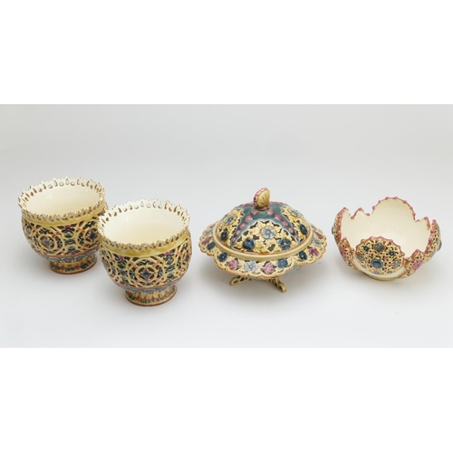 442 - Pair of Zsolnay reticulated footed bowls in Persian style, pierced and decorated in lustrous colours... 