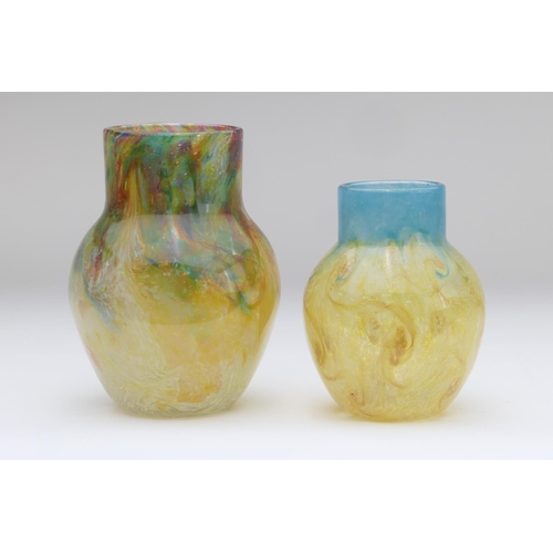 444 - Two Monart glass vases, circa 1930, each of baluster form decorated with swirls of coloured glass, h... 