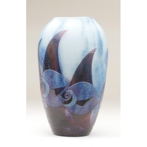 446 - Robj, Paris, Art Deco style cameo glass vase, decorated with angel fish and waves in iridescent reds... 