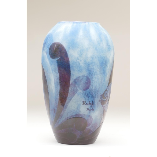 446 - Robj, Paris, Art Deco style cameo glass vase, decorated with angel fish and waves in iridescent reds... 