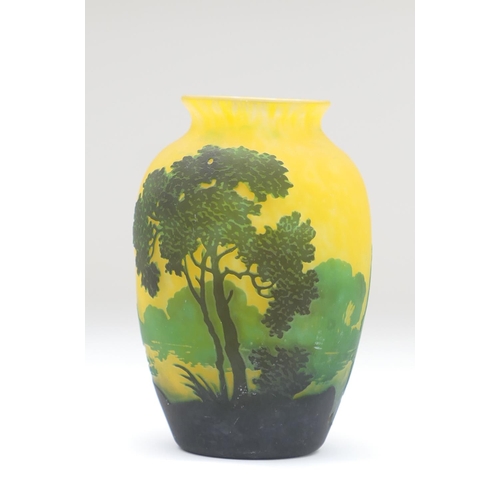 447 - Muller Freres cameo glass vase, worked with an early morning lakeland landscape in silhouetted dark ... 