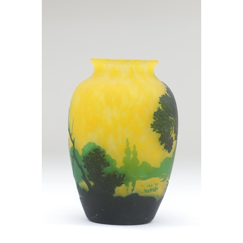 447 - Muller Freres cameo glass vase, worked with an early morning lakeland landscape in silhouetted dark ... 