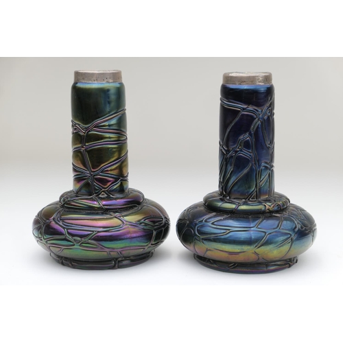 451 - Matched pair of Palme Koenig style silver mounted iridescent glass bottle vases, Birmingham 1903 and... 