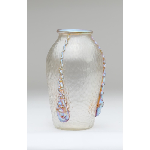 452 - Loetz Nautilus glass vase, ovoid form with three trailing appliques against a textured iridescent gr... 