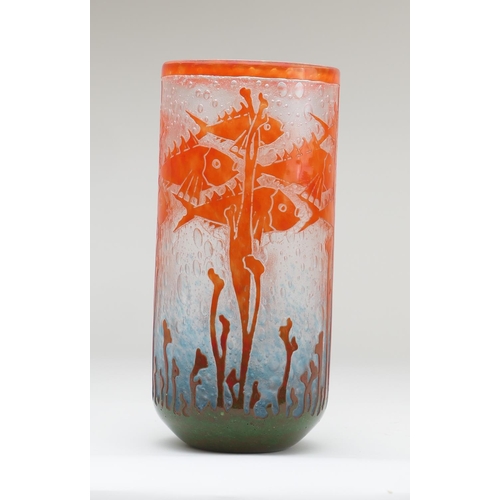 454 - Le  Verre Francais, Poissons cameo glass vase, designed by Charles Schneider, circa 1925, cylinder f... 