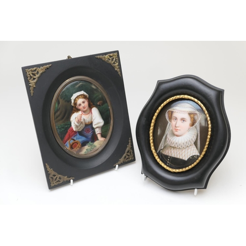 462 - German hand decorated porcelain plaque 'The gift', oval 12.5cm x 10cm, mounted within a brass mounte... 