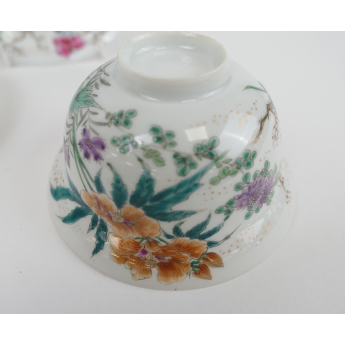 465 - Chinese eggshell porcelain covered rice bowl on stand, decorated in famille rose colours with flower... 