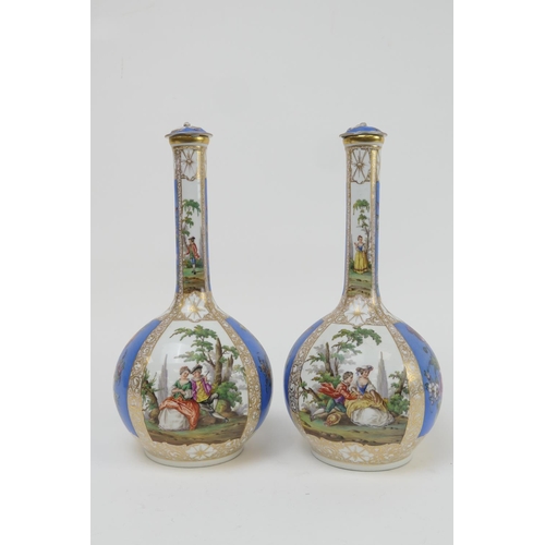 469 - Pair of Helena Wolfsohn Dresden covered bottle vases, each decorated with Watteauesque scenes of cou... 