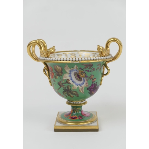 474 - Flight Barr & Barr Worcester footed urn, circa 1815-40, with double serpent moulded handles, and dec... 