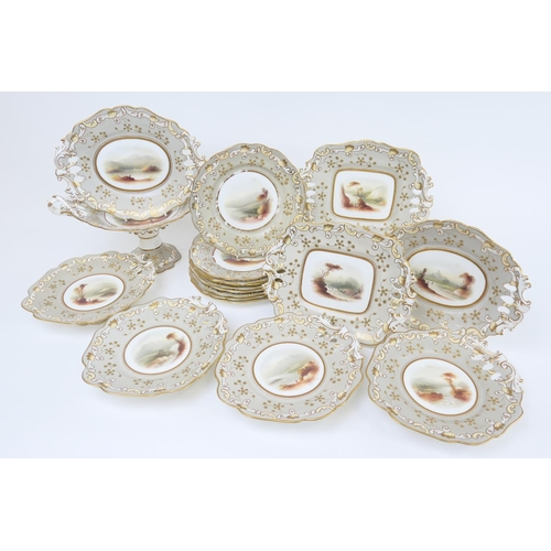 476 - Victorian hand decorated china dessert service, circa 1840-60, possibly by Coalport, comprising eigh... 