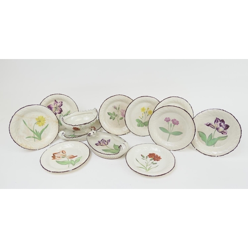 477 - Davenport pearlware botanical part dessert service, circa 1820, comprising nine leaf moulded plates,... 