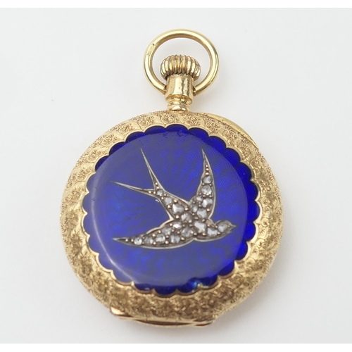 557 - 18ct gold enamelled and diamond set lady's half hunter fob watch, by The American Watch Company, the... 