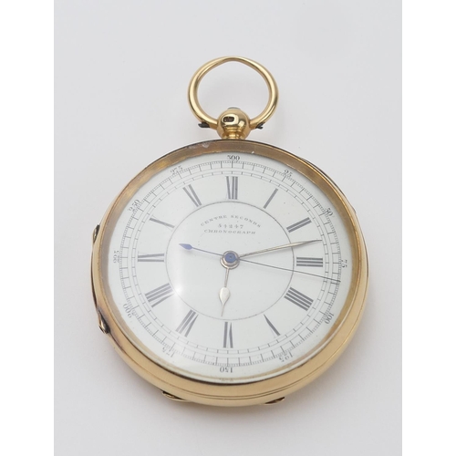 560 - 18ct gold cased open face chronograph pocket watch, off-white dial with Roman numerals, centre secon... 