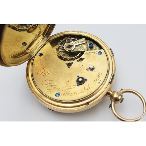 560 - 18ct gold cased open face chronograph pocket watch, off-white dial with Roman numerals, centre secon... 