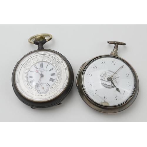 562 - French gun metal open faced pocket watch barometer, signed 'Maison de Dr. A Chevalier, Paris', 54mm ... 