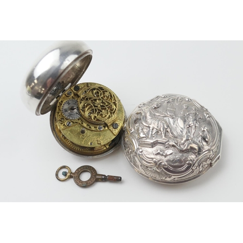 566 - Early George III silver pair cased calendar verge pocket watch, by Abraham Carpet, London 1760, repo... 