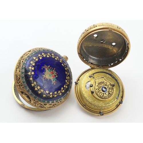 567 - Rare 'clock watch' by Richard Maw, London, 18th Century, the gilded and blue enamelled outer case fi... 