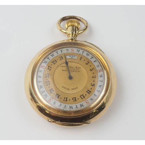 569 - Swiss gold keyless lever double dial calendar pocket watch, possibly Baume for John Hall & Co., Manc... 