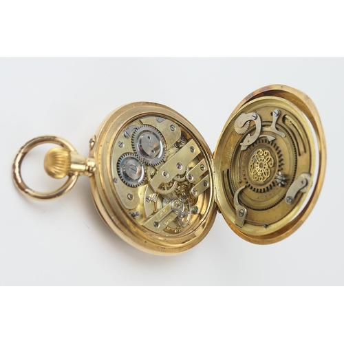 569 - Swiss gold keyless lever double dial calendar pocket watch, possibly Baume for John Hall & Co., Manc... 