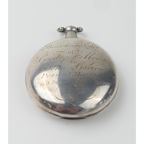 572 - George III Masonic presentation silver hunter pocket watch, by P O Dennisty, London, the case engrav... 