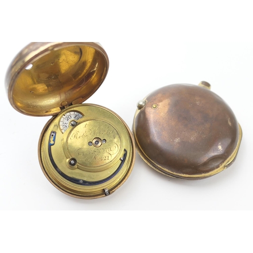 579 - Robert Fletcher, Chester, gilt brass verge pocket watch, circa 1800, pair case, white enamelled dial... 