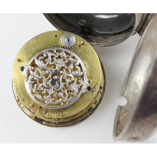 594 - Rare French verge repeater pocket watch, by Godron, Paris, circa 1690, pierced white metal case engr... 