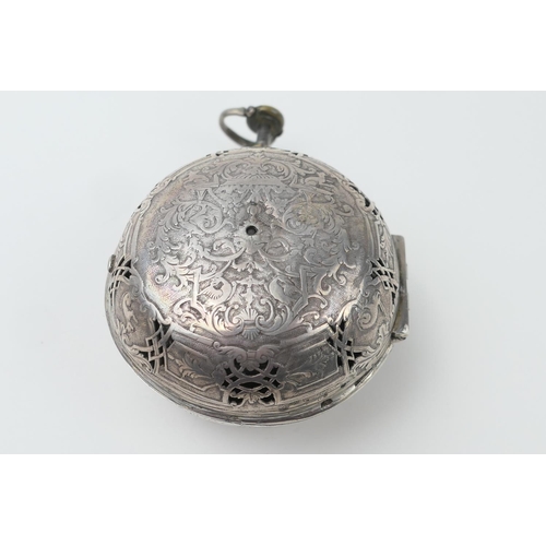 594 - Rare French verge repeater pocket watch, by Godron, Paris, circa 1690, pierced white metal case engr... 