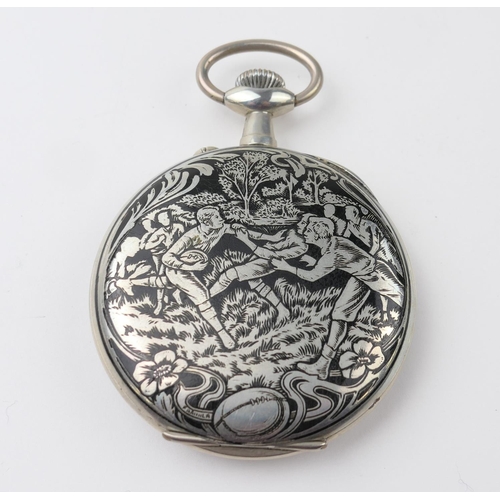 607 - Rugby Union interest: Doxa Goliath white metal pocket watch, white enamelled dial with subsidiary se... 